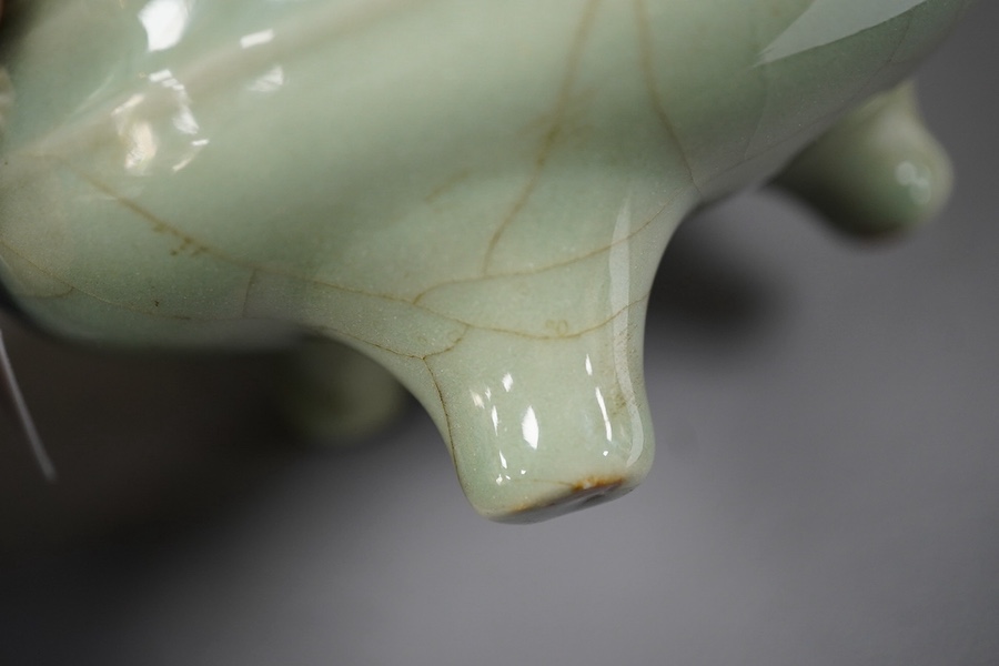 A Chinese Longquan celadon crackle glazed tripod censer, Ming dynasty or later